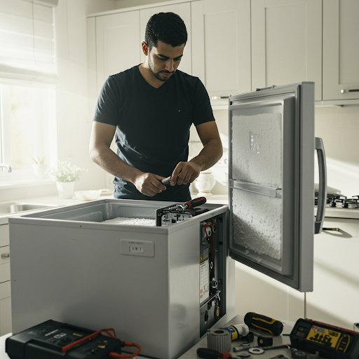 فني صيانة ديب فريزر وايت بوينت المُعتمد يُجري إصلاحًا باستخدام قطع غيار أصلية وأدوات متخصصة، مع ظهور رقم الخط الساخن وايت بوينت 19224 لطلب خدمة صيانة فورية في جميع أنحاء مصر.