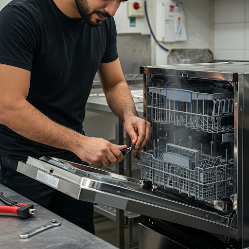 فني صيانة غسالات وايت بوينت المُعتمد يُجري إصلاحًا دقيقًا باستخدام قطع غيار أصلية، مع ظهور رقم الخط الساخن وايت بوينت 19224 لطلب خدمة سريعة في مصر.