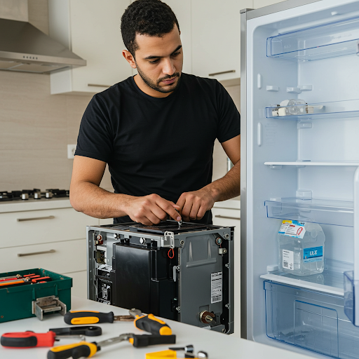 فني صيانة ثلاجات وايت بوينت المُعتمد يُجري إصلاحًا لثلاجة باستخدام قطع غيار أصلية وأدوات احترافية، مع ظهور رقم الخط الساخن وايت بوينت 19224 لطلب خدمة صيانة سريعة وآمنة في جميع أنحاء مصر.