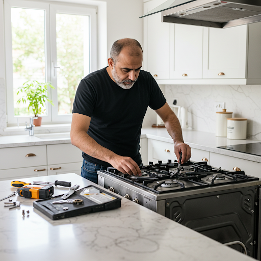 فني صيانة بوتاجازات وايت بوينت المُعتمد يُصلح عطلًا باستخدام قطع غيار أصلية، مع ظهور رقم الخط الساخن وايت بوينت 19224 لطلب خدمة صيانة سريعة وآمنة في مصر.