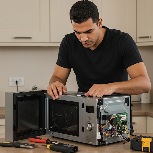 فني صيانة ميكروويف وايت بوينت المُعتمد يُجري إصلاحًا دقيقًا باستخدام قطع غيار أصلية وأدوات احترافية، مع ظهور رقم الخط الساخن وايت بوينت 19224 لطلب خدمة صيانة سريعة وآمنة في جميع أنحاء مصر.