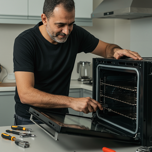 فني صيانة افران وايت بوينت المُعتمد يُجري إصلاحًا لفرن مطبخي باستخدام قطع غيار أصلية، مع ظهور رقم الخط الساخن وايت بوينت 19224 لطلب خدمة صيانة فورية في جميع أنحاء مصر.