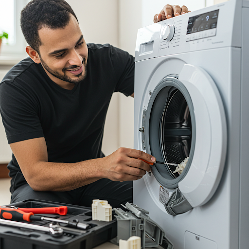 فني صيانة غسالات وايت بوينت المُعتمد يُجري إصلاحًا دقيقًا باستخدام قطع غيار أصلية، مع ظهور رقم الخط الساخن وايت بوينت 19224 لطلب خدمة سريعة في مصر.